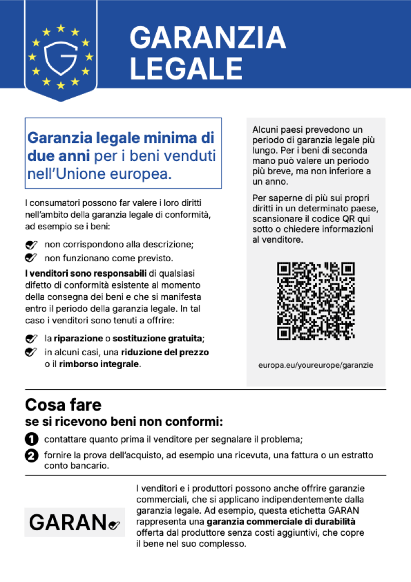 Avviso armonizzato dell'Unione europea sulla garanzia legale di conformità